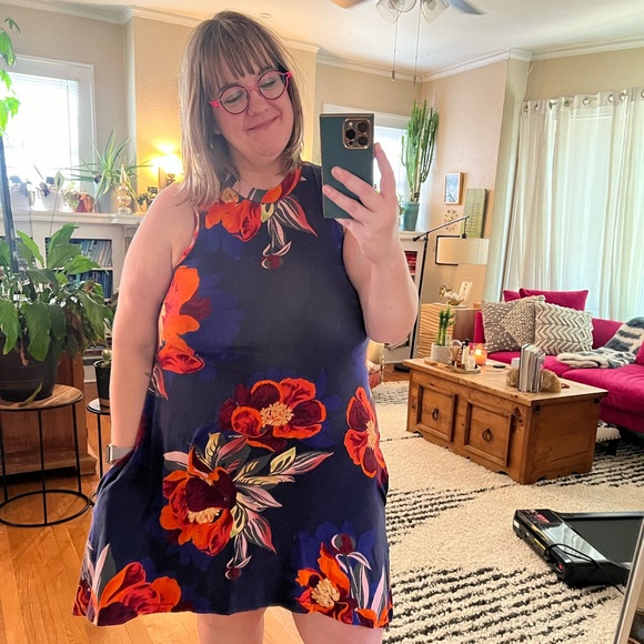 Anthropologie Maeve purple mini dress with vibrant tropical print w/pockets L - Picture 1 of 7